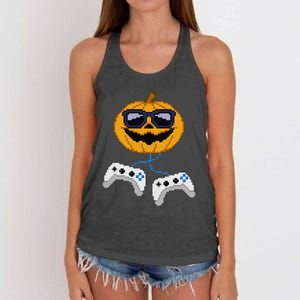 Halloween Jack O Lantern Pixelated Gaming Gamer Women's Knotted Racerback Tank