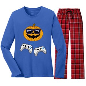 Halloween Jack O Lantern Pixelated Gaming Gamer Women's Long Sleeve Flannel Pajama Set 