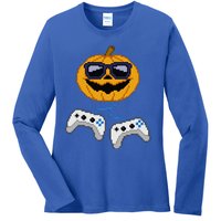 Halloween Jack O Lantern Pixelated Gaming Gamer Ladies Long Sleeve Shirt