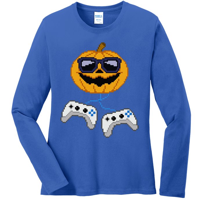 Halloween Jack O Lantern Pixelated Gaming Gamer Ladies Long Sleeve Shirt