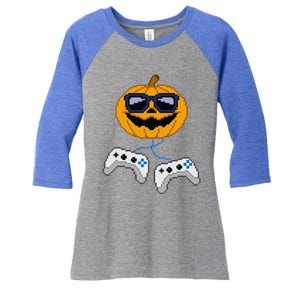 Halloween Jack O Lantern Pixelated Gaming Gamer Women's Tri-Blend 3/4-Sleeve Raglan Shirt