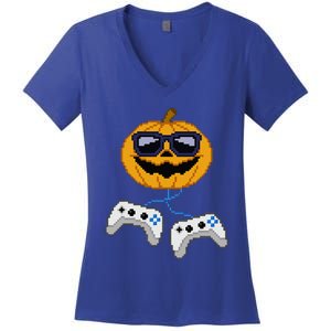 Halloween Jack O Lantern Pixelated Gaming Gamer Women's V-Neck T-Shirt