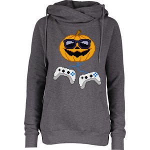 Halloween Jack O Lantern Pixelated Gaming Gamer Womens Funnel Neck Pullover Hood