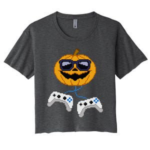 Halloween Jack O Lantern Pixelated Gaming Gamer Women's Crop Top Tee