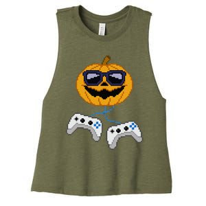 Halloween Jack O Lantern Pixelated Gaming Gamer Women's Racerback Cropped Tank