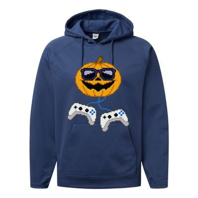 Halloween Jack O Lantern Pixelated Gaming Gamer Performance Fleece Hoodie