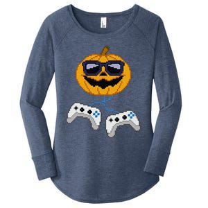 Halloween Jack O Lantern Pixelated Gaming Gamer Women's Perfect Tri Tunic Long Sleeve Shirt