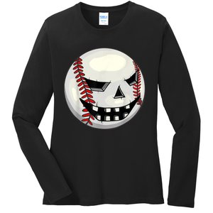 Halloween Jack O Lantern Baseball Player Coach Pitcher Ladies Long Sleeve Shirt