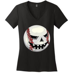 Halloween Jack O Lantern Baseball Player Coach Pitcher Women's V-Neck T-Shirt