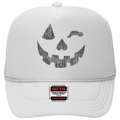 Halloween Jack O Lantern Grin Pumpkin Wink High Crown Mesh Back Trucker Hat