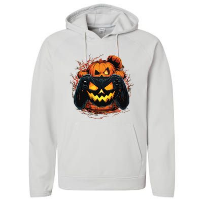 Halloween Jack O Lantern Pumpkin Face Gamer Gaming Performance Fleece Hoodie