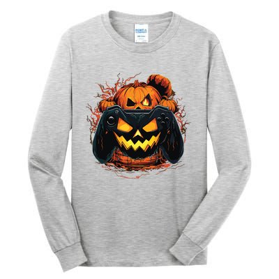 Halloween Jack O Lantern Pumpkin Face Gamer Gaming Tall Long Sleeve T-Shirt