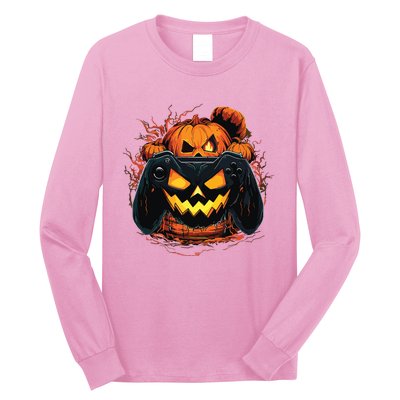 Halloween Jack O Lantern Pumpkin Face Gamer Gaming Long Sleeve Shirt