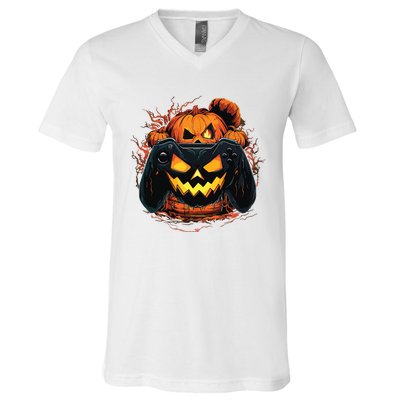 Halloween Jack O Lantern Pumpkin Face Gamer Gaming V-Neck T-Shirt