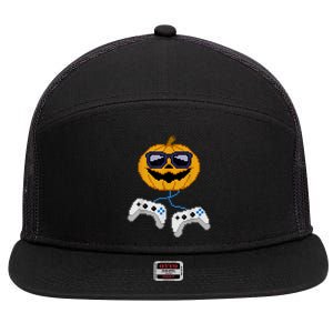 Halloween Jack O Lantern Pixelated Gaming Gamer 7 Panel Mesh Trucker Snapback Hat