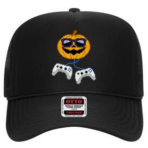 Halloween Jack O Lantern Pixelated Gaming Gamer High Crown Mesh Back Trucker Hat