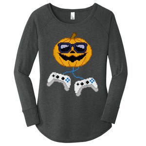 Halloween Jack O Lantern Pixelated Gaming Gamer Women's Perfect Tri Tunic Long Sleeve Shirt