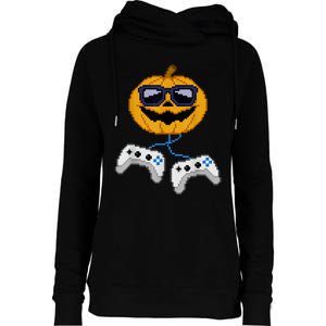 Halloween Jack O Lantern Pixelated Gaming Gamer Womens Funnel Neck Pullover Hood