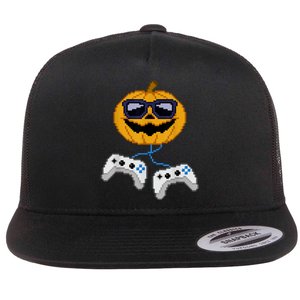 Halloween Jack O Lantern Pixelated Gaming Gamer Flat Bill Trucker Hat