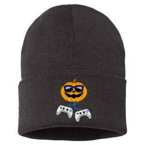 Halloween Jack O Lantern Pixelated Gaming Gamer Sustainable Knit Beanie