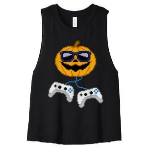 Halloween Jack O Lantern Pixelated Gaming Gamer Women's Racerback Cropped Tank