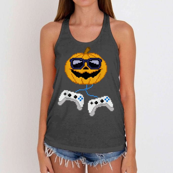 Halloween Jack O Lantern Pixelated Gaming Gamer Women's Knotted Racerback Tank