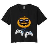 Halloween Jack O Lantern Pixelated Gaming Gamer Women's Crop Top Tee