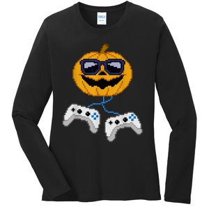 Halloween Jack O Lantern Pixelated Gaming Gamer Ladies Long Sleeve Shirt