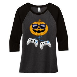 Halloween Jack O Lantern Pixelated Gaming Gamer Women's Tri-Blend 3/4-Sleeve Raglan Shirt