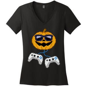 Halloween Jack O Lantern Pixelated Gaming Gamer Women's V-Neck T-Shirt