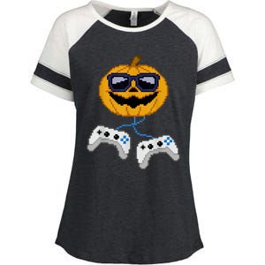 Halloween Jack O Lantern Pixelated Gaming Gamer Enza Ladies Jersey Colorblock Tee