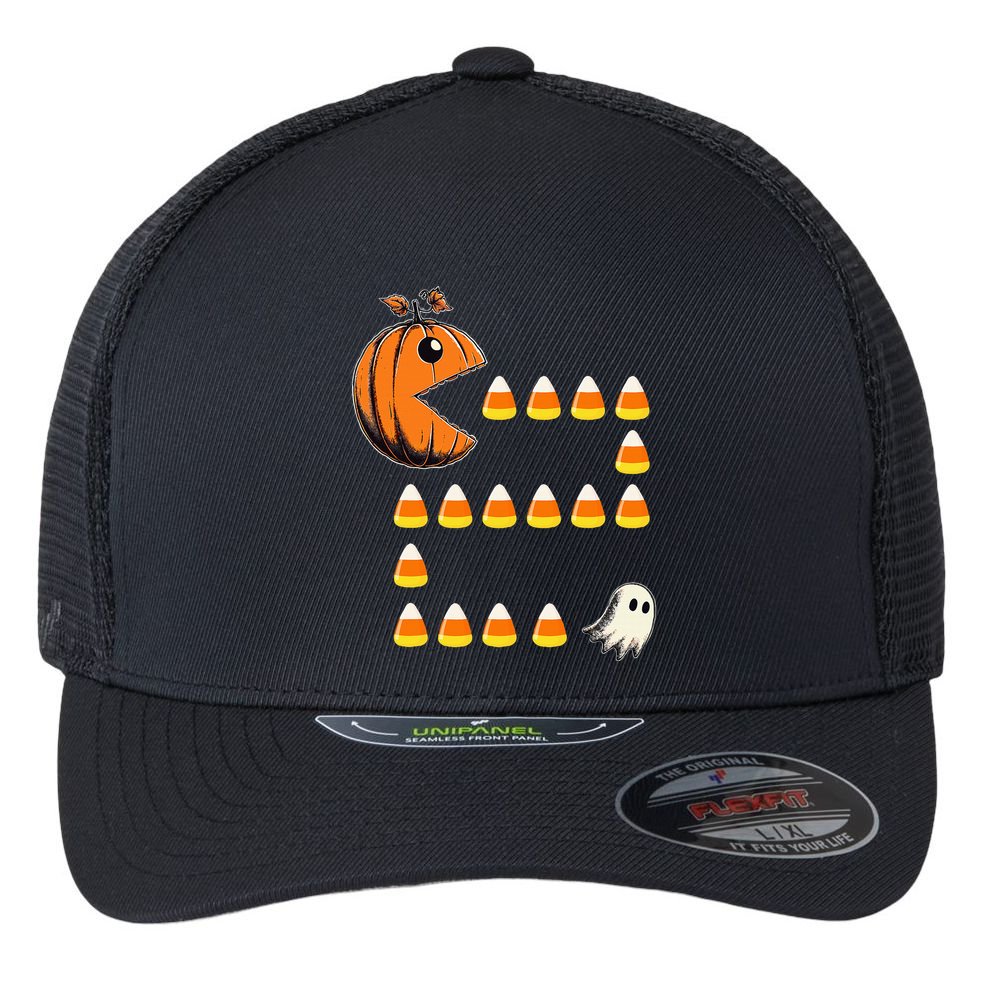 Halloween Jack O Lantern Pumpkin Eating Candy Corn Flexfit Unipanel Trucker Cap