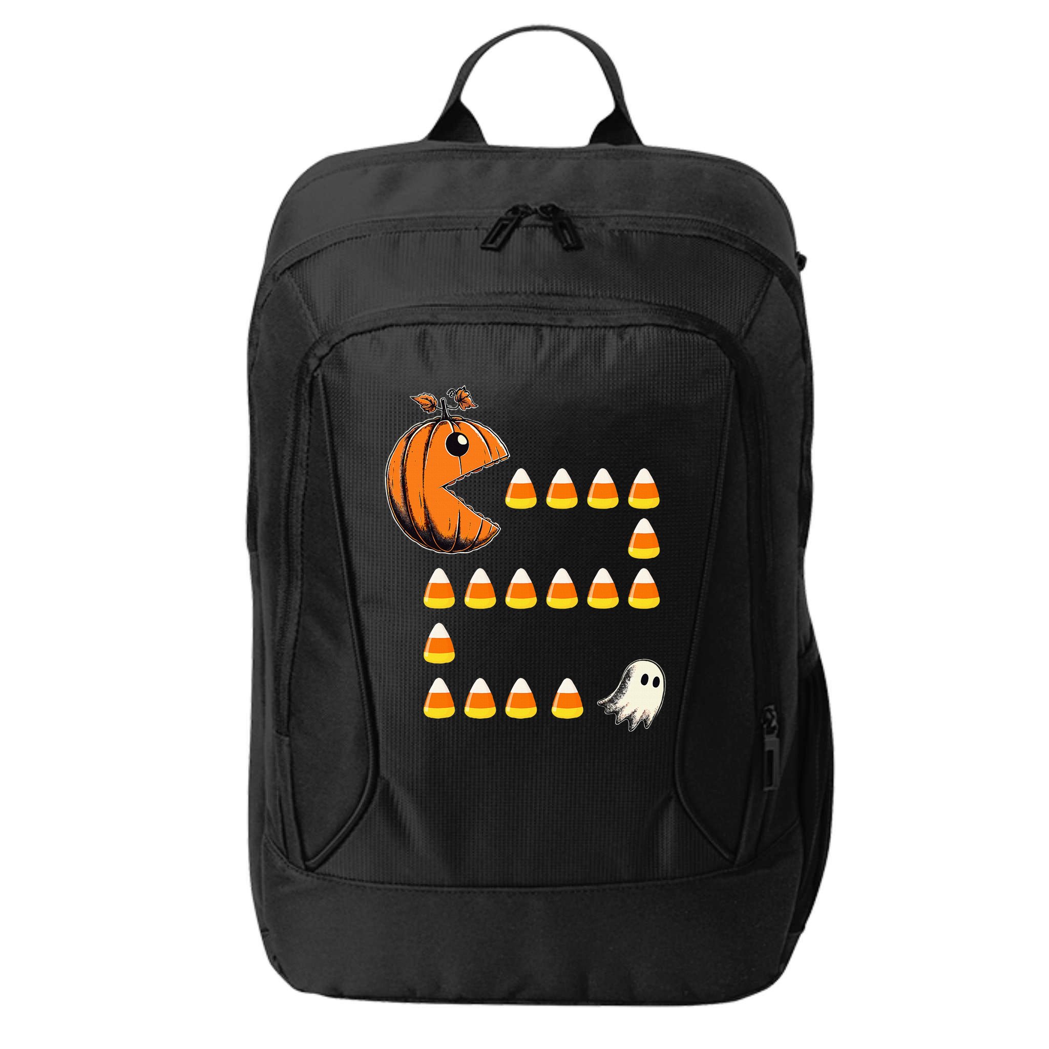 Halloween Jack O Lantern Pumpkin Eating Candy Corn City Backpack