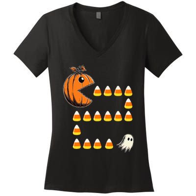 Halloween Jack O Lantern Pumpkin Eating Candy Corn Women's V-Neck T-Shirt