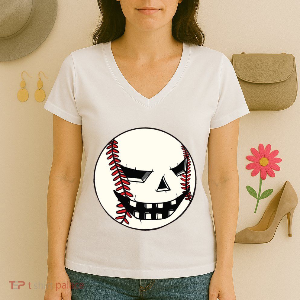 Halloween Jack O Lantern Baseball Player Coach Pitcher Women's V-Neck T-Shirt