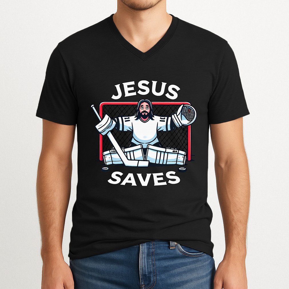 Hockey Jesus Saves Goalie Sports Humor V-Neck T-Shirt