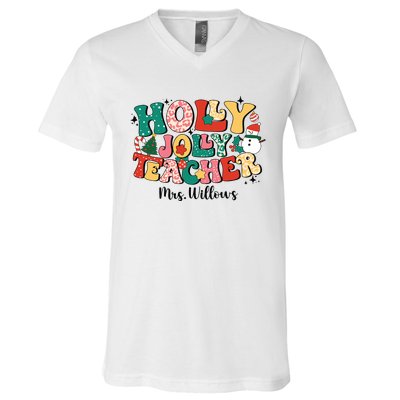 Holly Jolly Teacher Christmas V-Neck T-Shirt