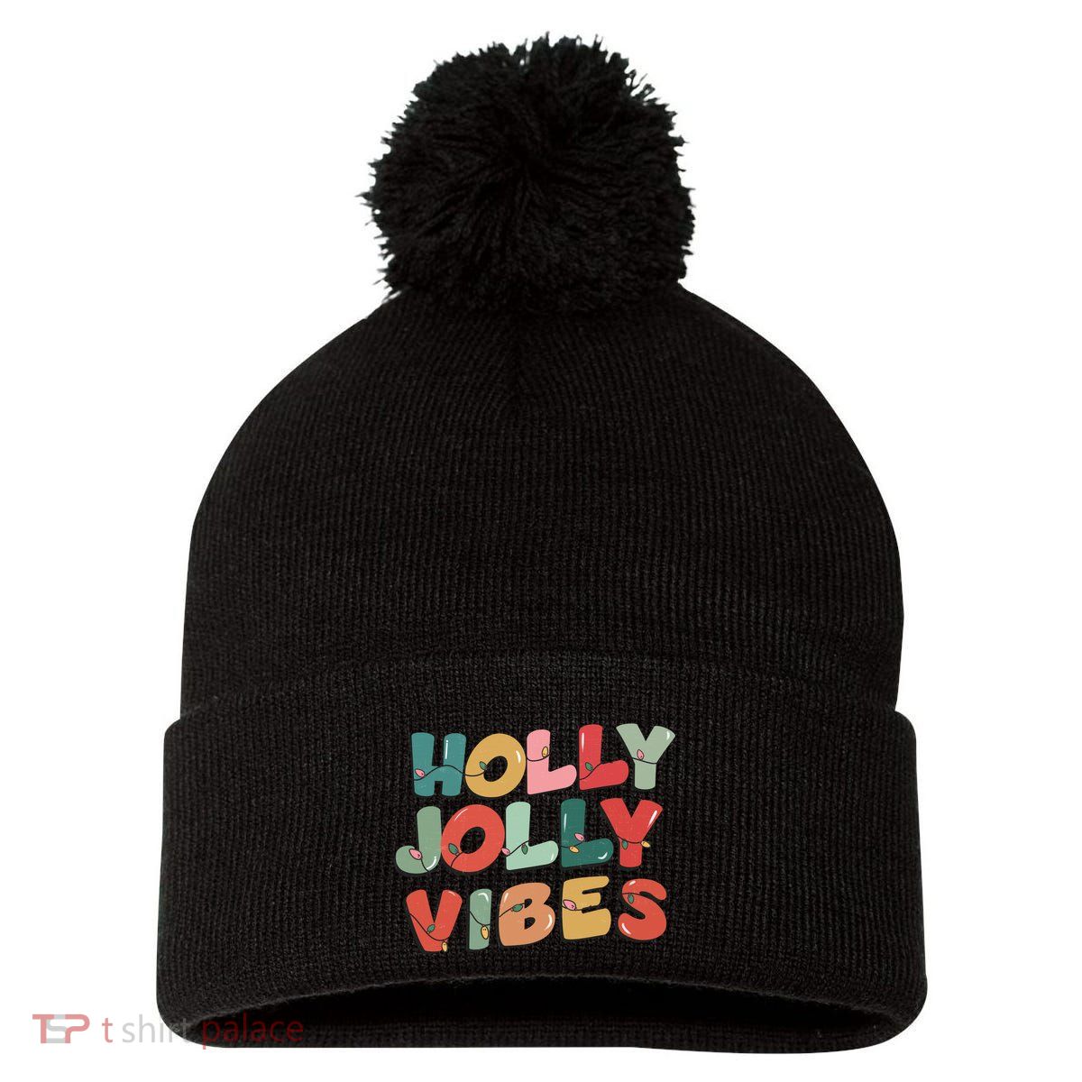 Holly Jolly Vibes Christmas Lights Pom Pom 12in Knit Beanie