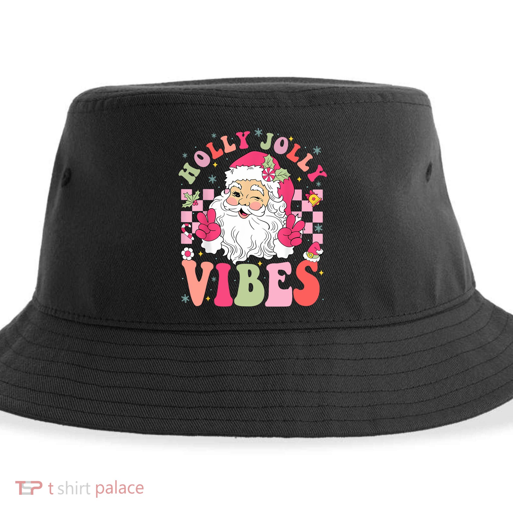 Holly Jolly Vibes Groovy Cute Santa Claus Christmas Sustainable Bucket Hat