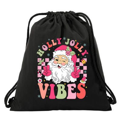 Holly Jolly Vibes Groovy Cute Santa Claus Christmas Drawstring Bag