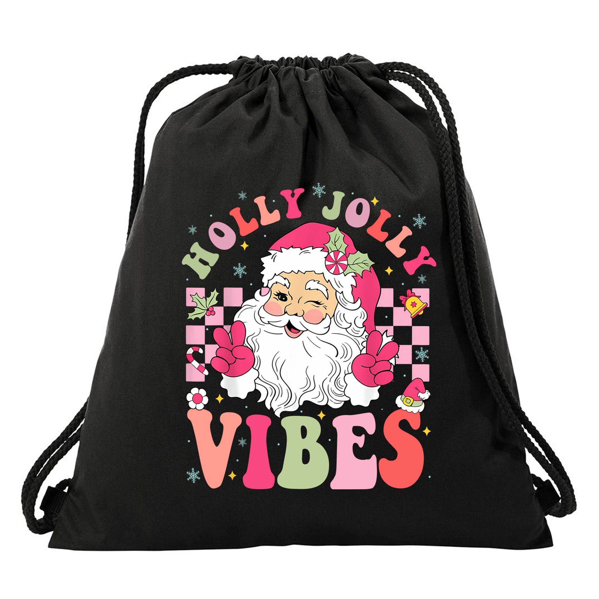 Holly Jolly Vibes Groovy Cute Santa Claus Christmas Drawstring Bag