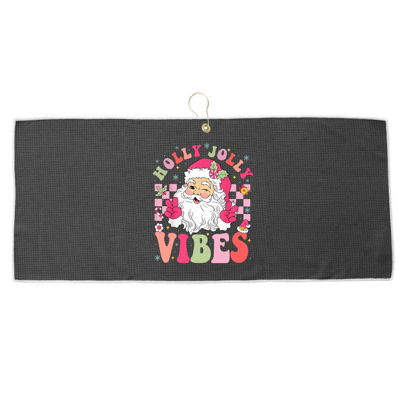 Holly Jolly Vibes Groovy Cute Santa Claus Christmas Large Microfiber Waffle Golf Towel
