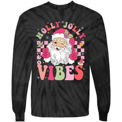 Holly Jolly Vibes Groovy Cute Santa Claus Christmas Tie-Dye Long Sleeve Shirt