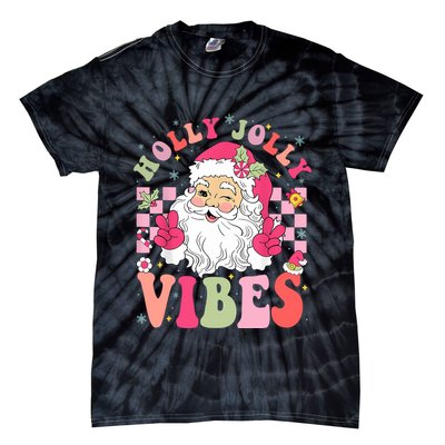Holly Jolly Vibes Groovy Cute Santa Claus Christmas Tie-Dye T-Shirt