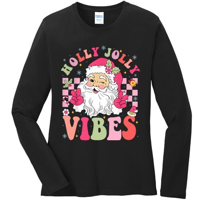 Holly Jolly Vibes Groovy Cute Santa Claus Christmas Ladies Long Sleeve Shirt