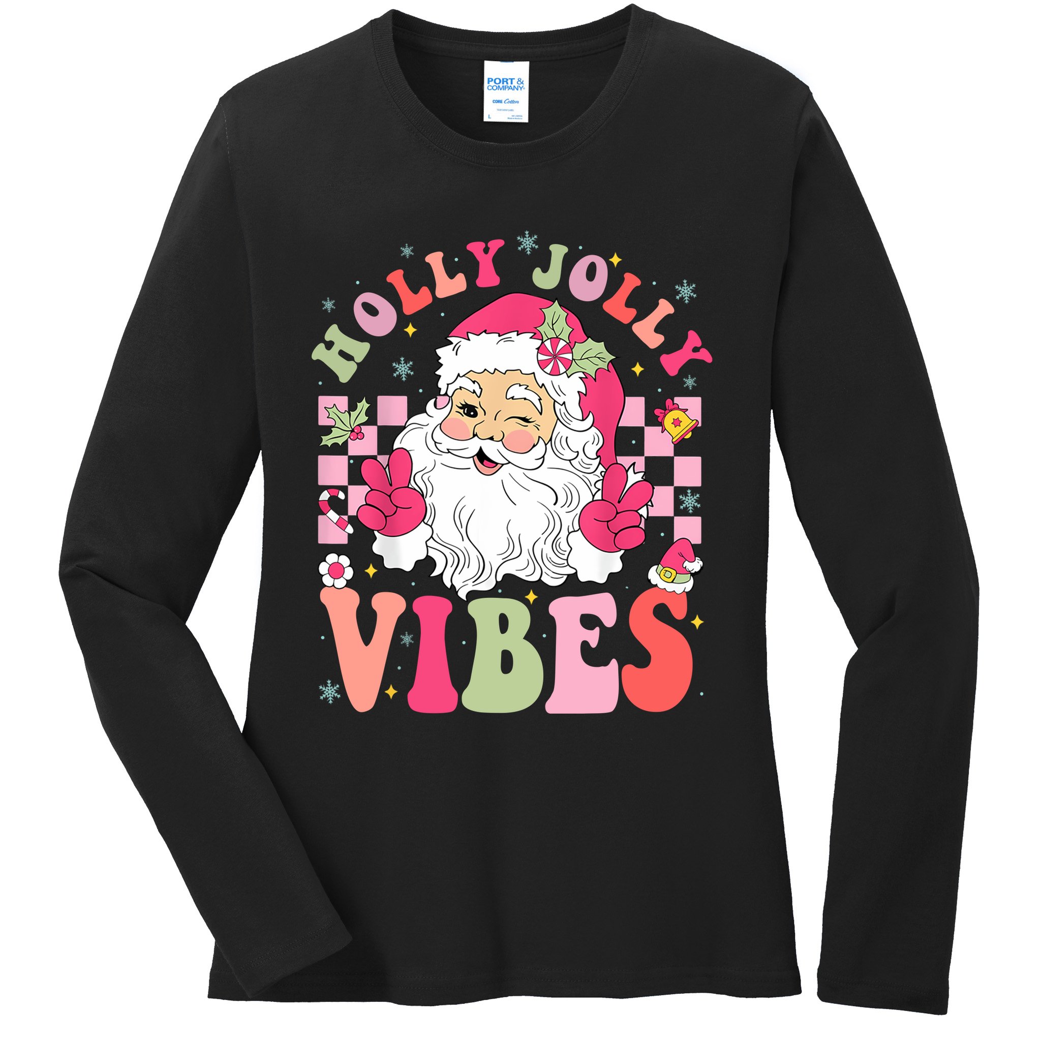 Holly Jolly Vibes Groovy Cute Santa Claus Christmas Ladies Long Sleeve Shirt