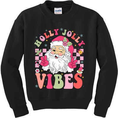 Holly Jolly Vibes Groovy Cute Santa Claus Christmas Kids Sweatshirt