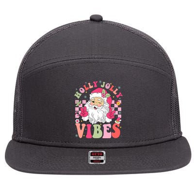 Holly Jolly Vibes Groovy Cute Santa Claus Christmas 7 Panel Mesh Trucker Snapback Hat