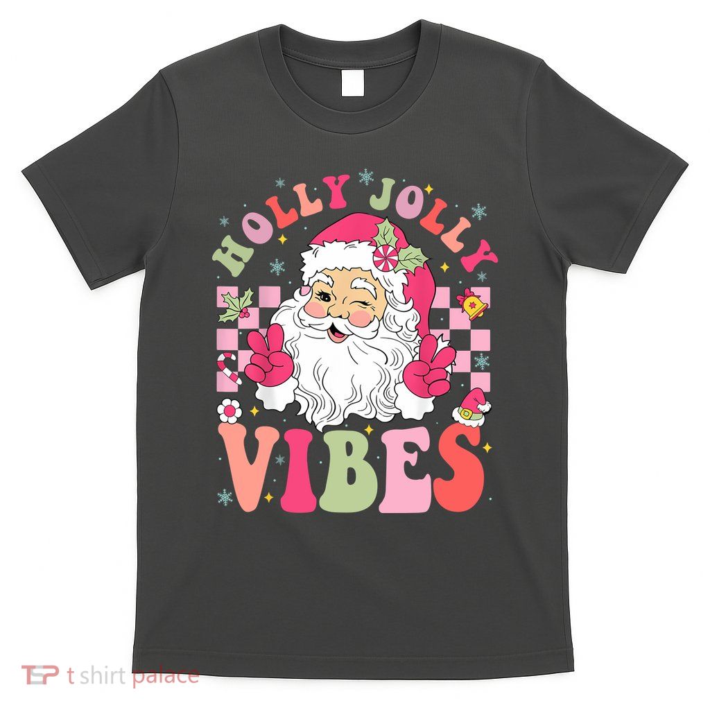 Holly Jolly Vibes Groovy Cute Santa Claus Christmas T-Shirt