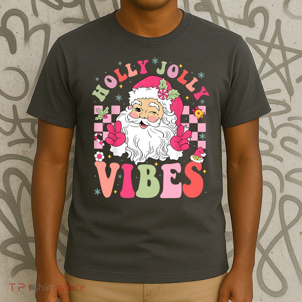 Holly Jolly Vibes Groovy Cute Santa Claus Christmas T-Shirt